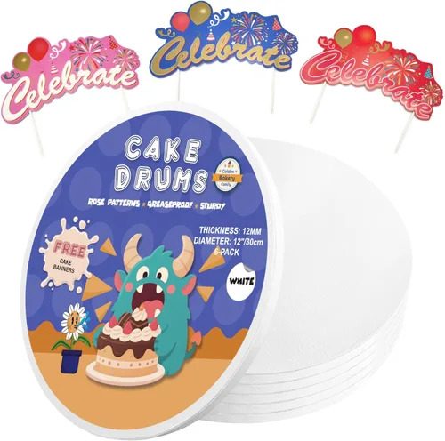 Miniatura 11 de Tambores para Pasteles de 8 Pulgadas con Decoración Superior de Banner para Pastel - Base para Pastel Redonda Blanca (Paquete de 3) Bases
