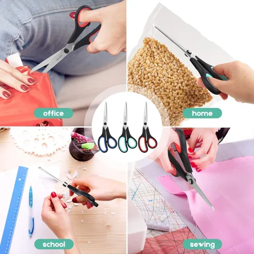 Miniatura 6 de Paquete de 3 tijeras resistentes de 8 pulgadas con cuchillas ultra afiladas y asas de agarre cómodo, para oficina, hogar, escuela, costura