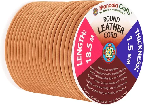 Miniatura 48 de Mandala Crafts Cordón Redondo de Cuero de Piel de Vaca Genuino Beige para Fabricación de Joyas Kumihimo Carrete de Cuerda de Cuero - Cordón
