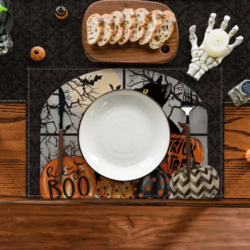 Miniatura 2 de Artoid Mode Boo - Juego de 4 manteles individuales de Halloween con diseño de calabazas de gato negro, 12 x 18 pulgadas, para decoración de fiestas