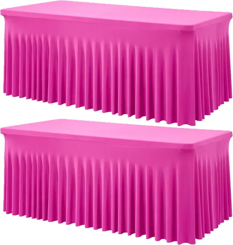 Miniatura 48 de Paquete de 2 manteles de spandex para mesas rectangulares de 8 pies, mantel elástico rosa de 8 pies, manteles ajustados, falda de mesa para fiestas