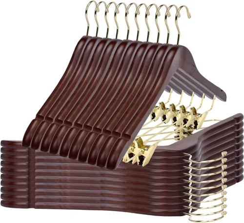 Perchas de madera de calidad para faldas con clips, paquete de 20 perchas de nogal para pantalones con clips de metal dorado ajustables, gancho