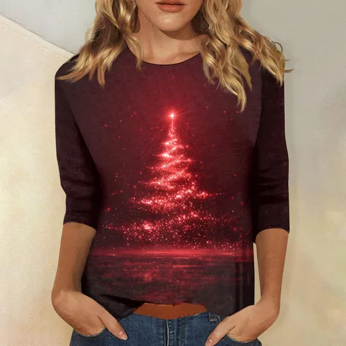 Miniatura 80 de Camisetas de manga 3/4 para mujer, cuello redondo, holgadas, casuales, con estampado floral, camisetas de moda para el trabajo de negocios