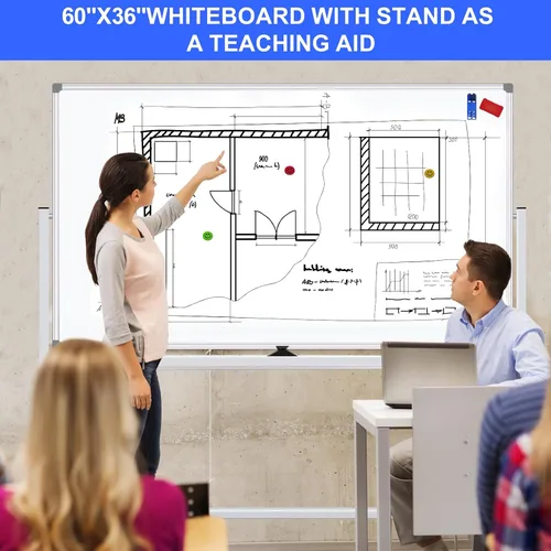 Miniatura 6 de Pizarra blanca con imán móvil con soporte de 60 x 36 pulgadas, pizarra blanca de doble cara con soporte, pizarra blanca magnética portátil de pie