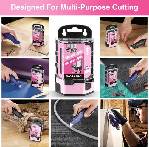 Miniatura 8 de WORKPRO Cuchillas para cuchillos utilitarios, paquete de 100 cuchillas de repuesto con dispensador, acero al carbono SK5, cinta rosa