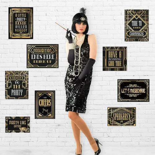 Miniatura 4 de 9 piezas de decoraciones de fiesta de los años 20 en negro y dorado retro para fiesta de jazz de los años veinte, kit de decoración para fiestas