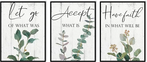 Miniatura 11 de 1 KINGO Arte de pared de oficina con citas inspiradoras: Let Go Accept Have Faith 3 piezas motivacionales pósteres motivacionales de eucalipto