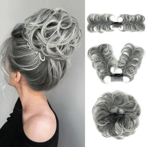 Miniatura 36 de Postizo de Cabello de Moño Despeinado con Peine Lateral Clip en Postizo de Moño para Mujeres Corto Natural Liso Versátil Estilos Ajustables Piezas