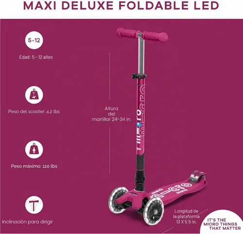 Miniatura 8 de Micro Kickboard – Maxi Deluxe plegable LED – Triciclo, inclinarse para dirigir, plegable para llevar – Micro patinete suizo diseñado para niños