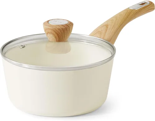 SENSARTE - Cacerola antiadherente de cerámica con tapa, olla pequeña de 2.0 cuartos de galón, olla de cocina blanca con asa que no se calienta, olla