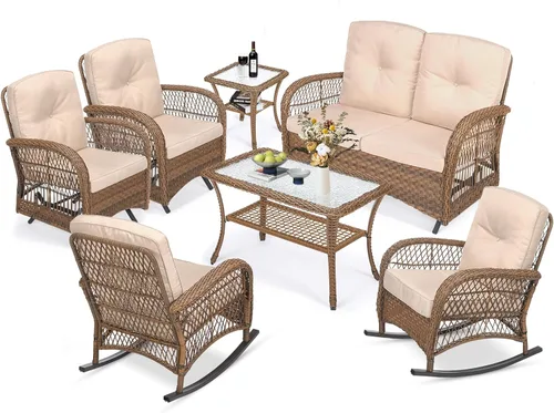 Miniatura 62 de MEETWARM Juego de 3 piezas de mimbre giratorio para patio al aire libre, mecedoras, juegos de muebles de patio de ratán con cojín grueso y mesa