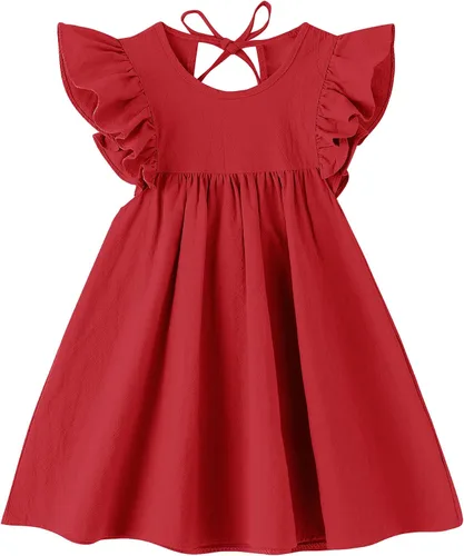 lymanchi Vestido de manga con volantes para niña pequeña, de algodón, lino, sin mangas, casual, vestido de verano