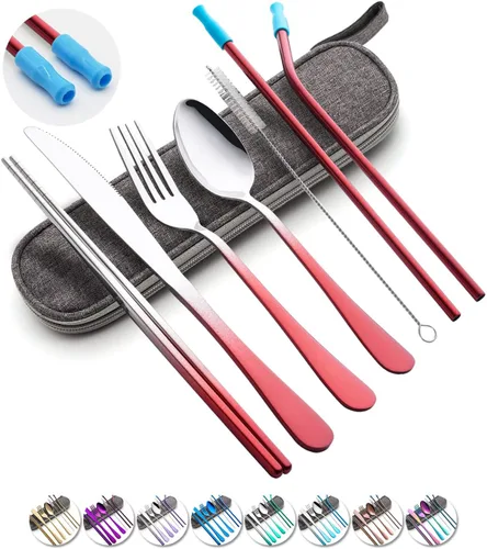 Miniatura 7 de Juego de utensilios de viaje con estuche, juego de cubiertos portátiles reutilizables de acero inoxidable, 8 piezas, incluyendo cuchillo de cena