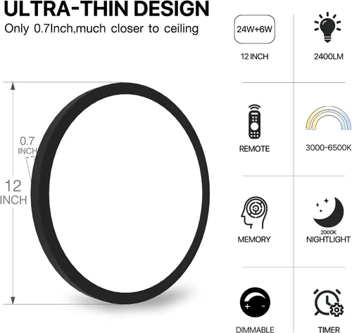 Miniatura 2 de Lámpara de techo LED regulable con control remoto, 24 W, 2640 lúmenes, 12 pulgadas, luz nocturna cálida de 2000 K y 3000 K-6500 K, moderna lámpara