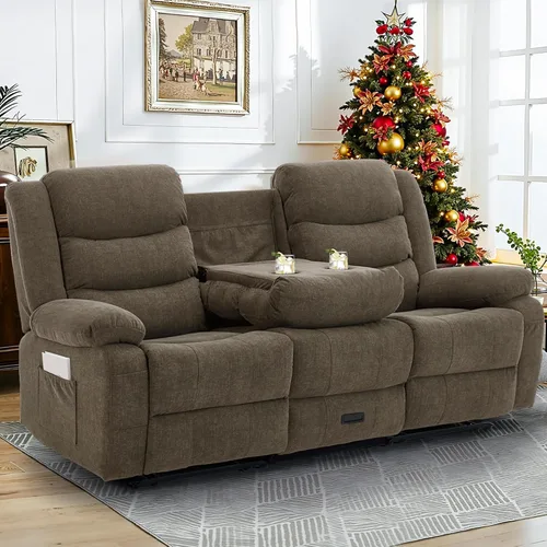 Miniatura 9 de Korser Sofá reclinable, sofá biplaza reclinable con consola, sofá reclinable extragrande con mesa desplegable, sofá de 3 plazas con portavasos y Gris