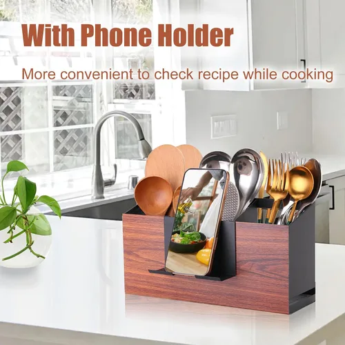Miniatura 3 de Organizador de Utensilios Grande de Hierro con 3 Compartimentos para Encimera o Pared, Almacenamiento de Utensilios de Cocina (Negro)