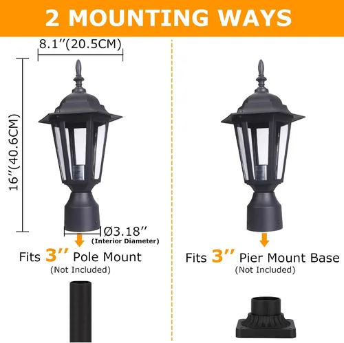 Miniatura 3 de LIT-PaTH Lámpara de poste para exteriores de 16 pulgadas, farol de poste exterior con vidrio transparente, iluminación de poste de aluminio cableado