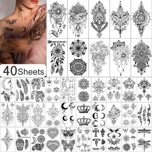 Yazhiji 40 hojas de tatuajes temporales para mujeres y niñas, tatuajes sexis incluidos, 10 hojas extra grandes y 30 hojas de calcomanías de tatuaje