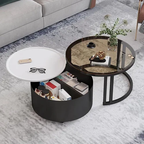 Miniatura 6 de Couchtisch Rund 2er Set, Kreativer Runder Couchtisch Aus Glas mit Metallrahmen, Mit Stauraum für Kleine Räume Wohnzimmer Schlafzimmer Balkone mit B