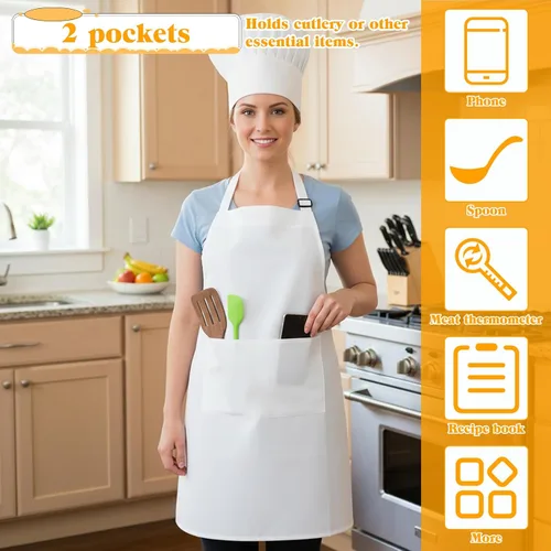 Miniatura 4 de Tucnoeu Sombrero de chef blanco y delantal para hombres y mujeres, disfraz de chef con 2 bolsillos, disfraz de chef para adultos para cocina
