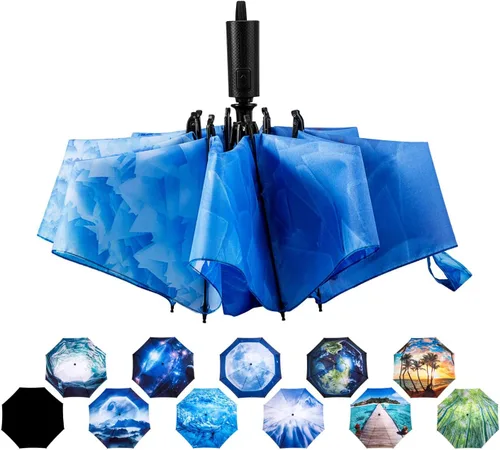 Miniatura 14 de LANBRELLA Paraguas plegable inverso compacto paraguas de viaje a prueba de viento automático