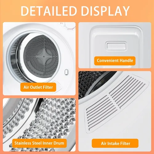 Miniatura 5 de Secadora de ropa portátil de 1.5 pies cúbicos, secadora de lavandería de carga frontal de secado rápido de 800W con 5 modos, mini secadora eléctrica