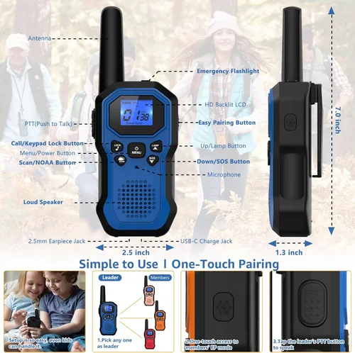 Miniatura 4 de Walkie Talkies para adultos Radios de 2 vías de largo alcance para niños recargables paquete de 4 unidades, senderismo, camping, esquí