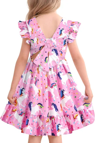 Miniatura 14 de Yousie Vestido de verano para niña pequeña, con volantes, lazo en la espalda, espalda descubierta, vestido de verano para fiesta