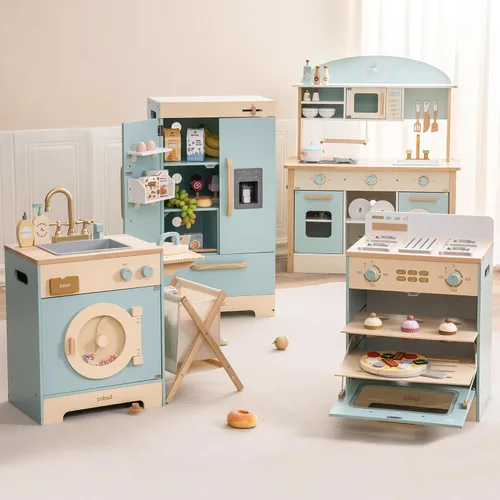 Miniatura 8 de ROBUD Juego de cocina de madera, juego de cocina de juguete para niños con diseño realista, utensilios, máquina de hielo, nevera, horno, lavadora