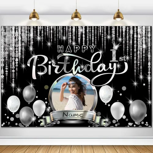 Miniatura 52 de Cartel de decoración de feliz cumpleaños número 100 personalizado - Personalización disponible - Negro y plateado - Tamaño grande - Admite fotos