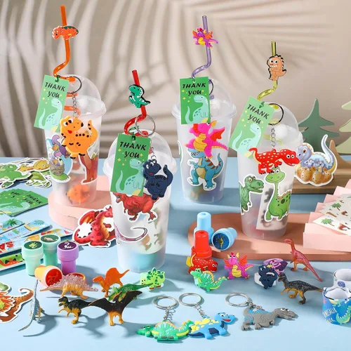Miniatura 5 de Qilery 195 piezas de 16 invitados de dinosaurio para fiestas de cumpleaños para niños, incluye taza de plástico con tapa, pajita, llavero, pulsera
