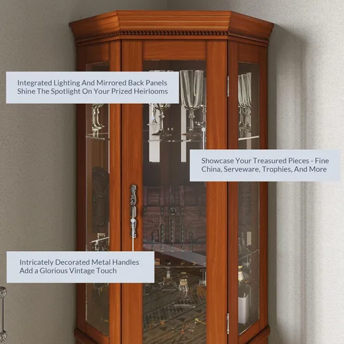 Miniatura 4 de BELLEZE Vitrina Curio con iluminación de 3 lados, puerta de vidrio templado y estantes, gabinete de esquina de madera con bombilla, estante Roble