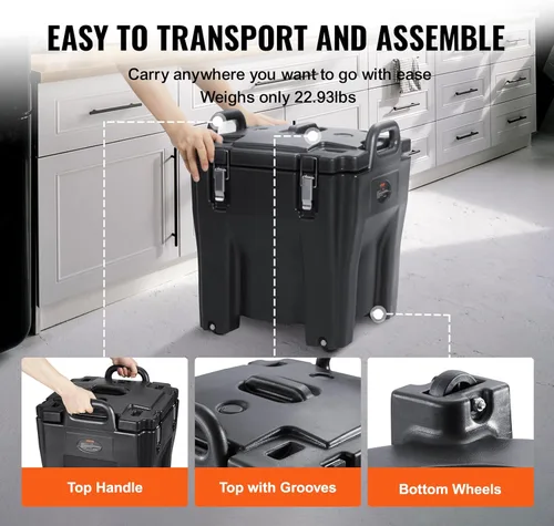 Miniatura 5 de VEVOR Portador de comida aislado, Caja caliente apilable de 32Qt para catering con barril de acero inoxidable, Calentador de alimentos de carga Negro