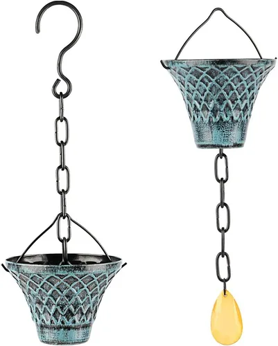 Miniatura 2 de Cadenas de lluvia para canaletas exteriores, atrapadores de lluvia, desviador de metal azul a cuadros decorativos para exteriores, 8.5 pies