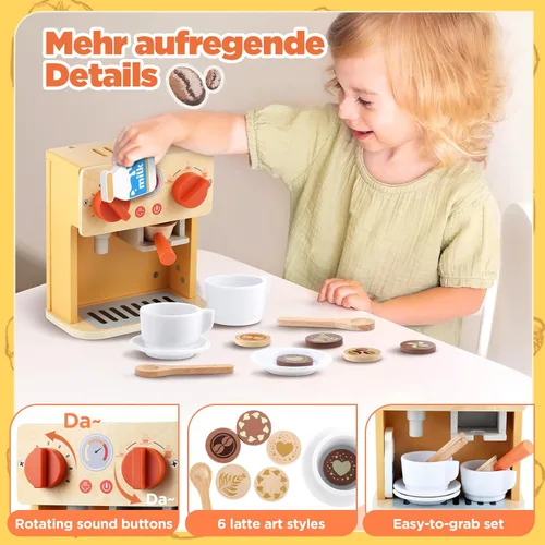Miniatura 5 de GAGAKU Máquina de café de madera de juguete para niños, juego de máquina de café de simulación con accesorios para cocina de juego, juguetes