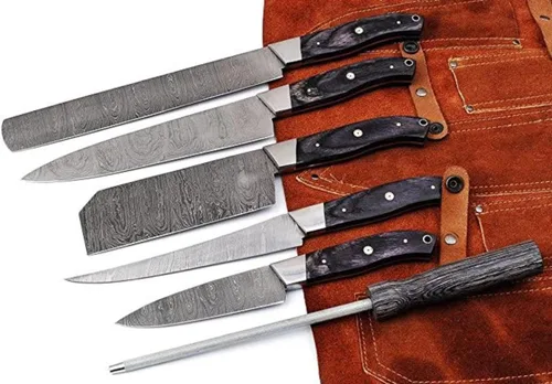 Juego de cuchillos de cocina profesionales de acero de Damasco, hecho a medida, 6 piezas, viene con un kit de rollo de cuero dulce (3712) (madera de