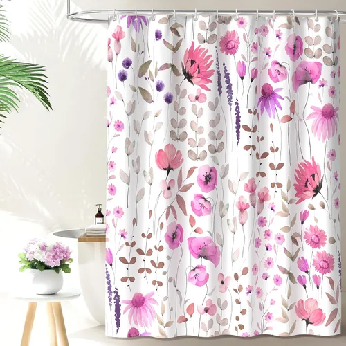 Miniatura 13 de QiyI Cortina de ducha con diseño floral de acuarela, flores y hojas, primavera, decoración del hogar, lavable a máquina, juego de cortina de ducha