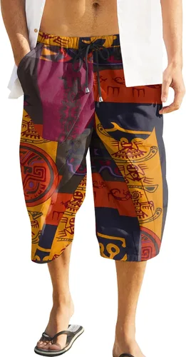 COOFANDY Pantalones capri de lino para hombre, pantalones casuales con cordón, pantalones holgados de harén, pantalones capri de playa de pierna
