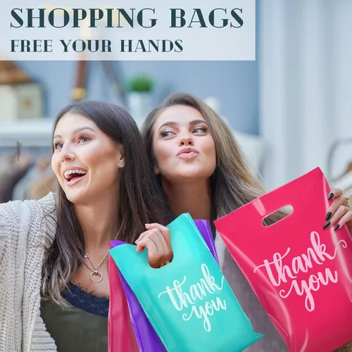 Miniatura 5 de Eersida 200 piezas de bolsas de plástico con asas para agradecimiento, bolsas de compras troqueladas a granel de 3 tamaños, paquete de compras al