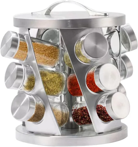 Miniatura 12 de Estante de especias portátil de acero inoxidable con 16 tarros de especias incluidos, organizador giratorio de especias para cocina, estante