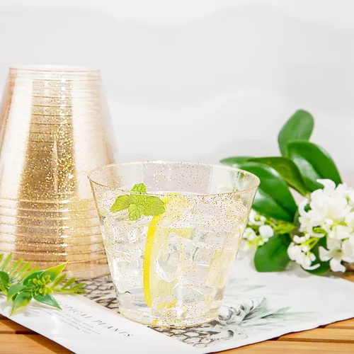 Miniatura 3 de Nervure 120 vasos de plástico con purpurina dorada, vasos de plástico resistentes de 9 onzas, vasos desechables dorados para bodas, Acción
