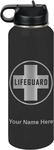Miniatura 69 de LaserGram Botella de agua personalizada, salvavidas, acero inoxidable de doble pared aislada al vacío con popote superior, regalo grabado Negro