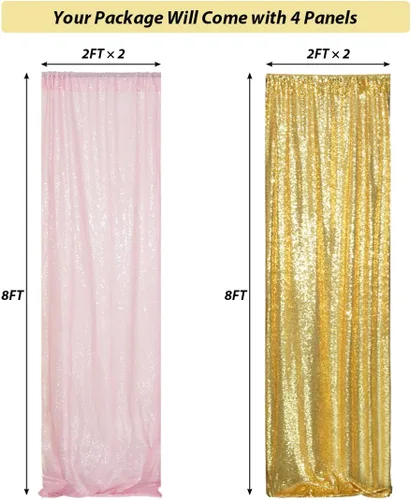 Miniatura 4 de 4 paneles de cortina de lentejuelas doradas y rosas de 2 x 8 pies, cortinas de fondo de lentejuelas con purpurina para decoración de fiesta