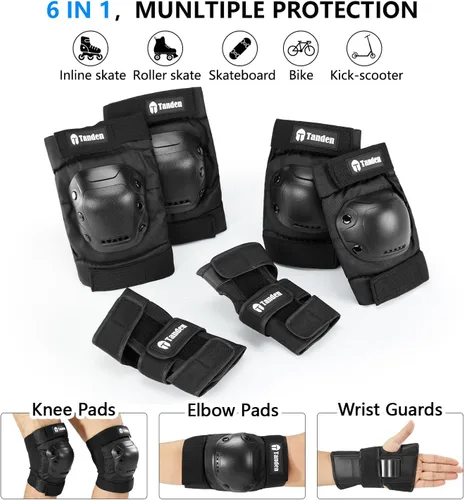 Miniatura 3 de Tanden Equipo de Protección para Patineta, Juego de Almohadillas para Rodillas y Codos, Almohadillas para Codos y Rodillas para Patinaje sobre Negro