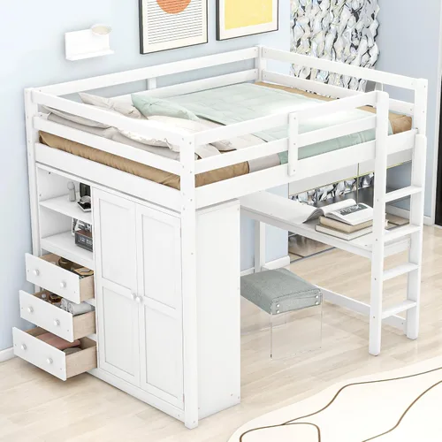Miniatura 12 de Cama tipo loft de tamaño individual con escritorio en forma de L y 3 cajones, marco de cama de madera con escalera y armario de almacenamiento