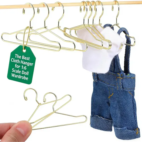 10 mini perchas de ropa, perchas pequeñas de metal dorado de 2.5 pulgadas para casa de muñecas, accesorios de armario de muñecas a escala 1:6 para
