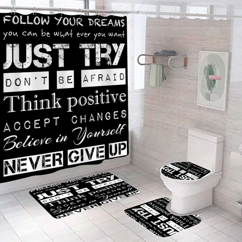 Miniatura 22 de Juego de 4 cortinas de ducha con citas inspiradoras, escaleras de arte en blanco y negro, decoración de baño motivacional para hombres, cortina