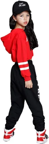 Miniatura 3 de Conjunto de 2 piezas para niñas, ropa de baile hip hop, sudadera con capucha recortada, pantalones deportivos, ropa de baile, Chándal.