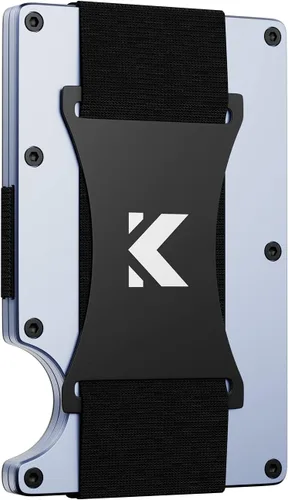 KEYMARX Cartera de metal para hombre, delgada, bolsillo frontal, bloqueo RFID, minimalista, tarjetero con correa para efectivo