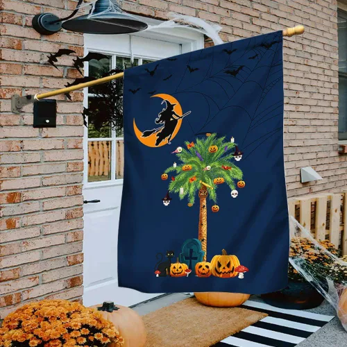 Bandera de brujería de Halloween de Carolina del Sur, calabazas, palmeras, Carolina del Sur, bandera de jardín de Halloween